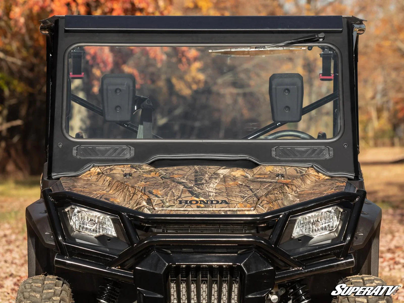 Font exterior view of the glass Honda Pioneer 1000 windshield.