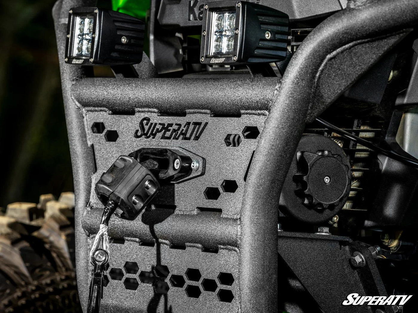 Close up of the optional winch in the bumper of the Kawasaki Teryx