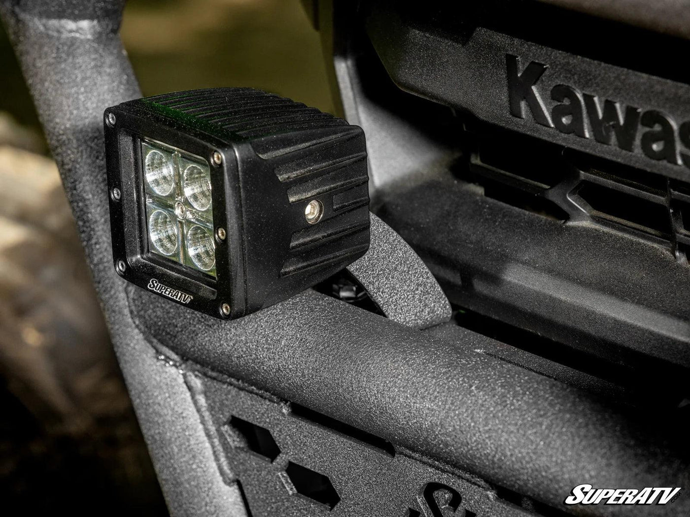 Close up of the optional cube rights for the front bumper of a Kawasaki Teryx