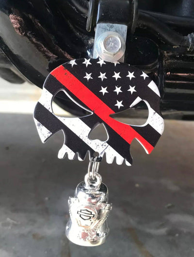 Red Line Fire Fighter Flag Skull Bell Hanger / Mount Motorcycle Harley Bolt Ring - Moto Life Products