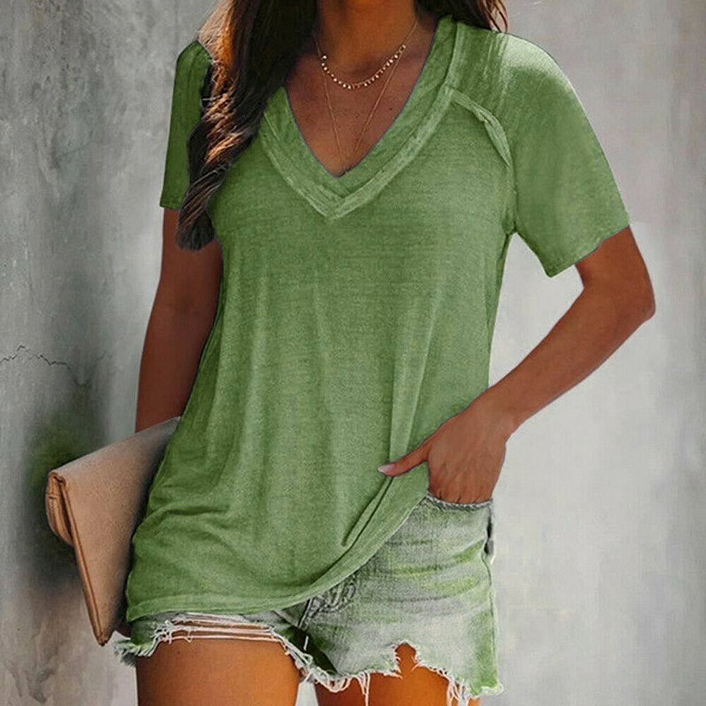 Women Short Sleeve V Neck T Shirt Summer Casual Tunic Top Loose Fit Shirt Blouse - Moto Life Products