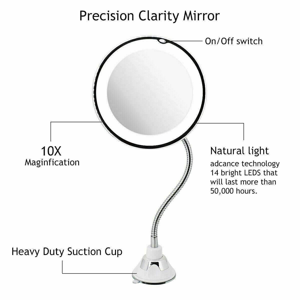 10X Gooseneck Magnifying Makeup Mirror Magnification Bathroom Mirror + LED Light - Moto Life Products