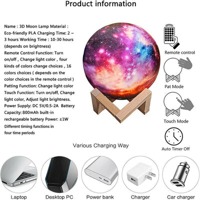 3D Printing Galaxy Lamp Moonlight USB LED Night Lunar Light Touch Color Changing - Moto Life Products