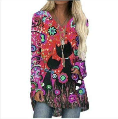 Womens Long Sleeve T Shirt V Neck Cat Print Tee Loose Tunic Casual Tops Blouse - Moto Life Products
