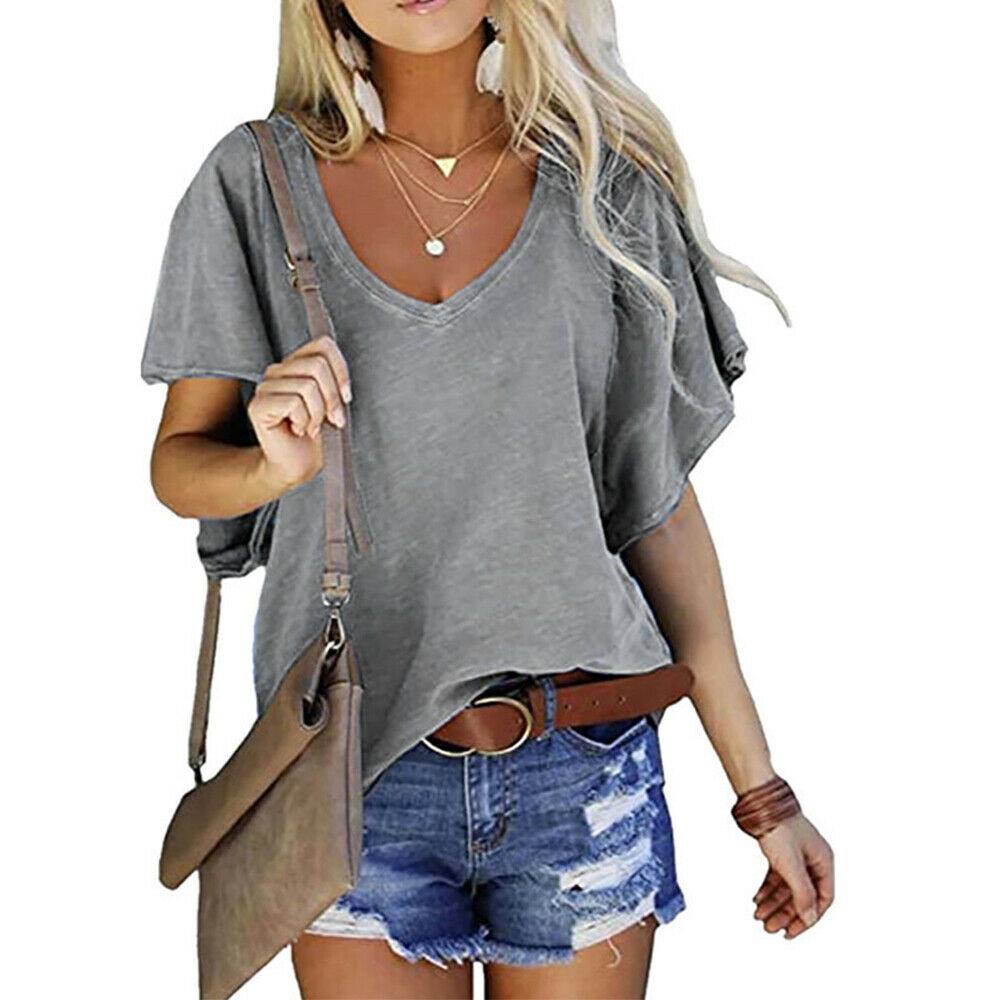 Women Oversized V-Neck T-Shirt Short Sleeve Blouse Loose Casual Tops Plus Size - Moto Life Products