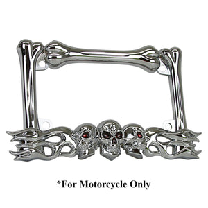 3D SKULL FLAMES BONES CHROME MOTORCYCLE LICENSE PLATE FRAME FOR UNIVERSAL - Moto Life Products