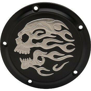 Matte Black & Silver Flaming Skull Derby Cover for Harley Twin Cam 99-17 - Moto Life Products