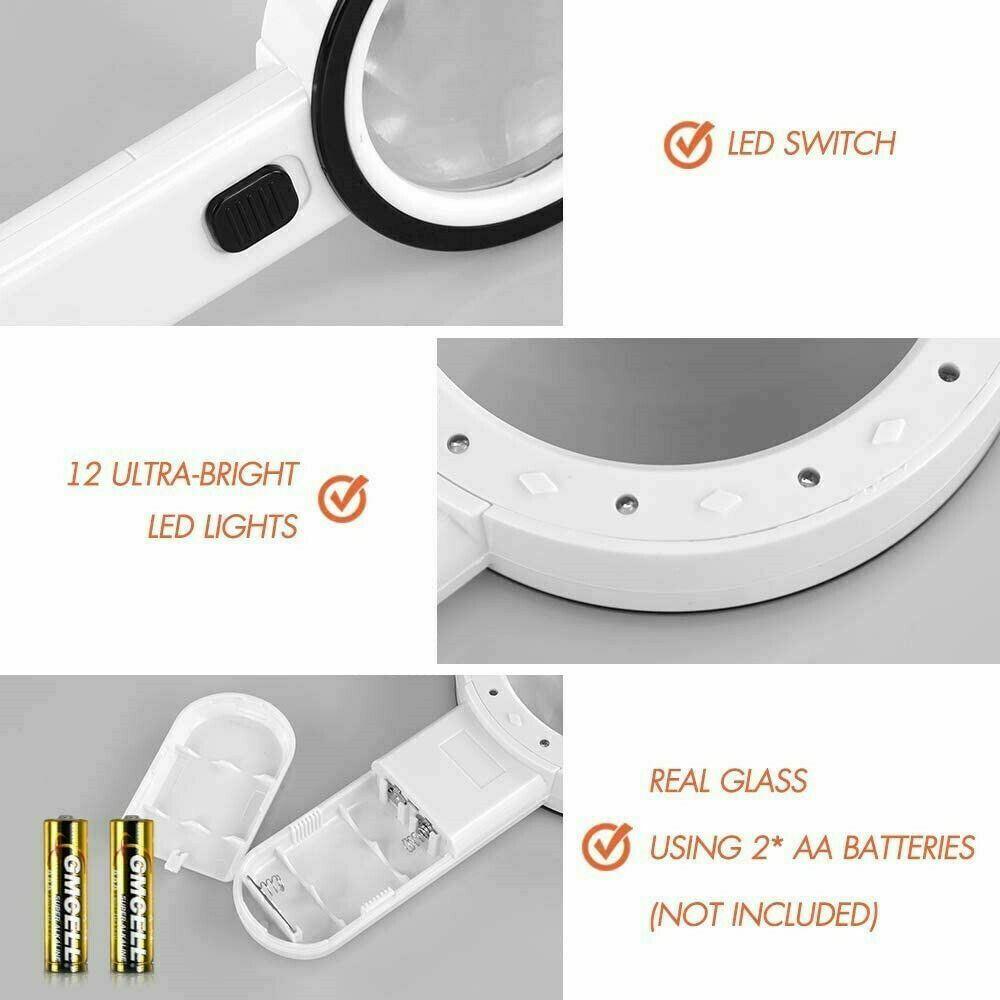 30X Jumbo Handheld Magnifying Glass w/ 12 Bright LED Light Illuminated Magnifier - Moto Life Products