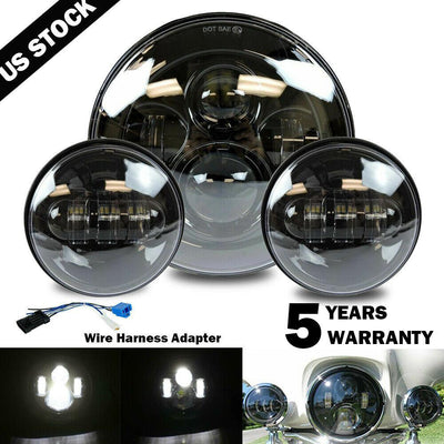 New 7" LED Projector Headlight + Passing Lights Fit for Harley Touring Black - Moto Life Products