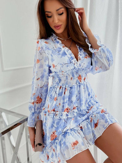 Womens Floral Print Ruffled Mini Dress Ladies V Neck Long Sleeve Sundress Summer - Moto Life Products