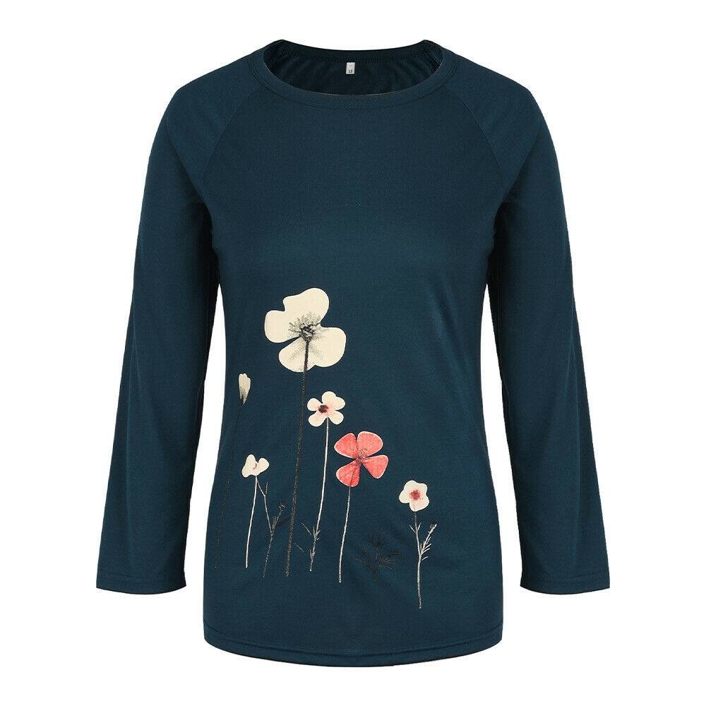 Womens Floral Loose T Shirt Blouse Ladies Casual Long Sleeve Tops Pullover Tee - Moto Life Products