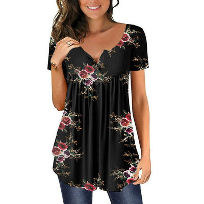 Women Boho V Neck Short Sleeve T-Shirt Ladies Floral Summer Casual Tunic Tops - Moto Life Products