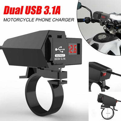Waterproof Motorcycle Handlebar Dual USB Ports 12V Phone GPS Charger + Voltmeter 616361594135 - Moto Life Products