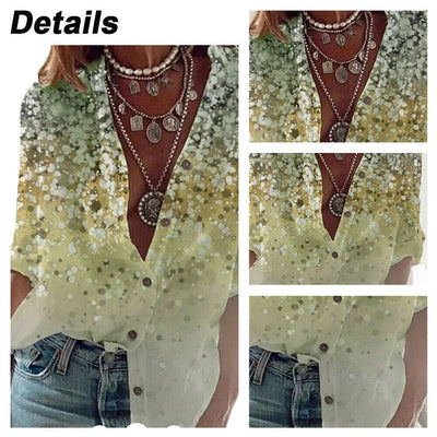 Womens Floral V Neck Tops Ladies Casual Loose Long Sleeve T Shirt Blouse - Moto Life Products