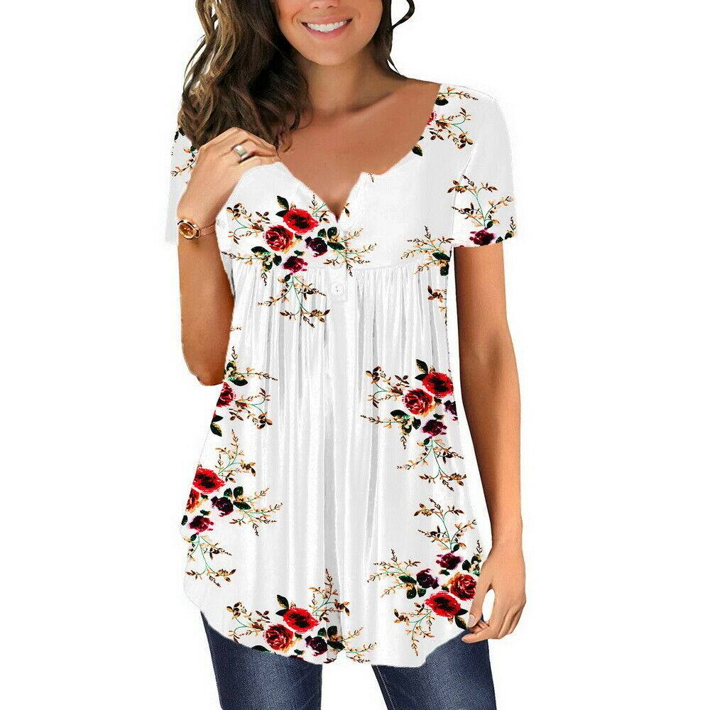 Women Boho V Neck Short Sleeve T-Shirt Ladies Floral Summer Casual Tunic Tops - Moto Life Products