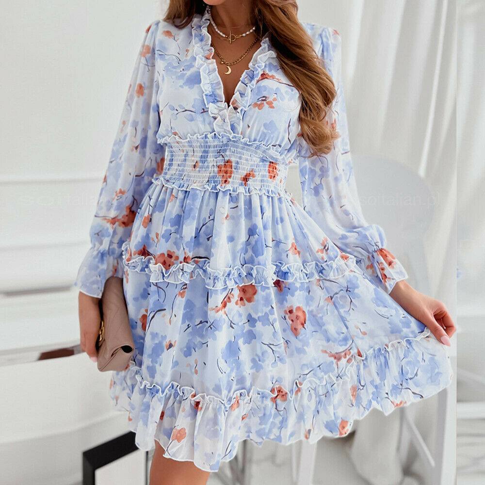 Womens Floral Print Ruffled Mini Dress Ladies V Neck Long Sleeve Sundress Summer - Moto Life Products