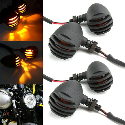 4X Black Motorcycle Turn Signal Mini Grill Bullet Blinker Amber Indicator Lights - Moto Life Products