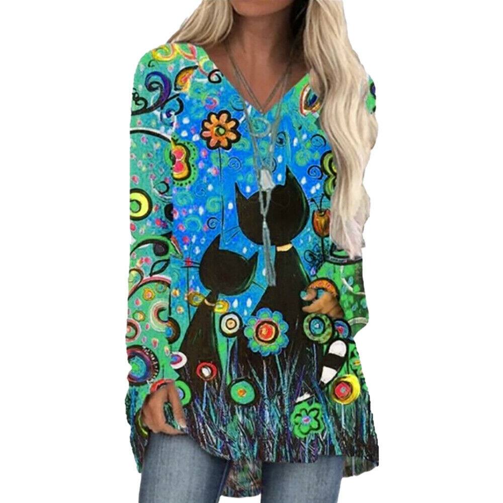 Womens Long Sleeve T Shirt V Neck Cat Print Tee Loose Tunic Casual Tops Blouse - Moto Life Products