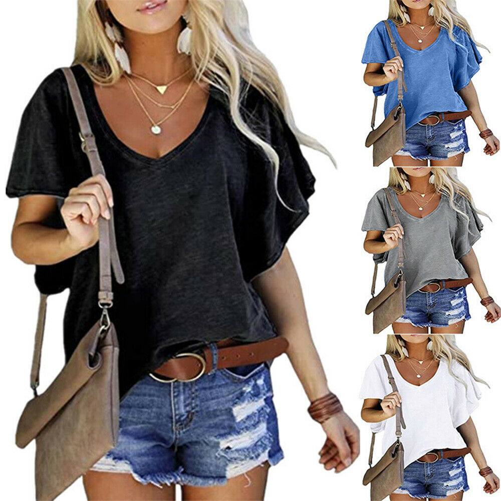 Women Oversized V-Neck T-Shirt Short Sleeve Blouse Loose Casual Tops Plus Size - Moto Life Products