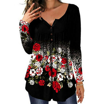 Women Boho Floral Long Sleeve T Shirt Blouse Button V Neck Loose Tunic Tops Tee - Moto Life Products