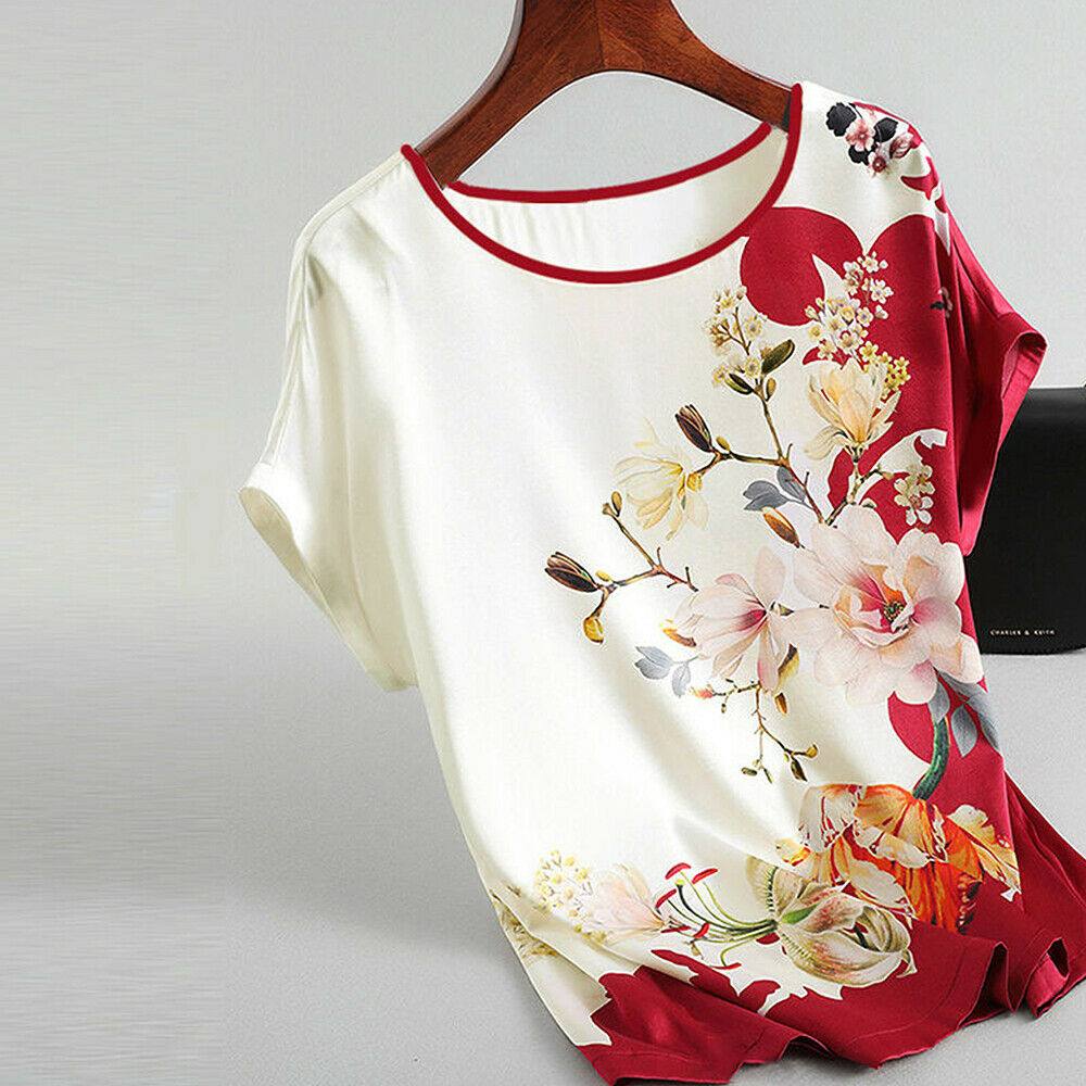 Summer Women Ladies Floral Short Sleeve O-Neck T Shirt Casual Blouse Loose Tops - Moto Life Products