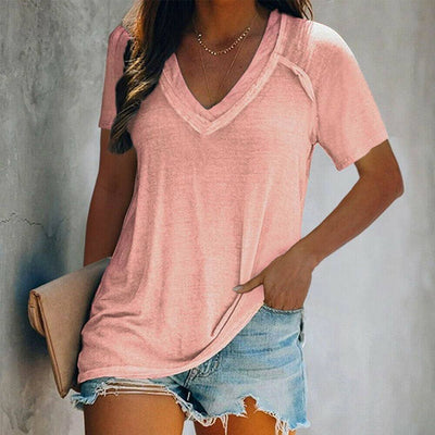 Women Short Sleeve V Neck T Shirt Summer Casual Tunic Top Loose Fit Shirt Blouse - Moto Life Products