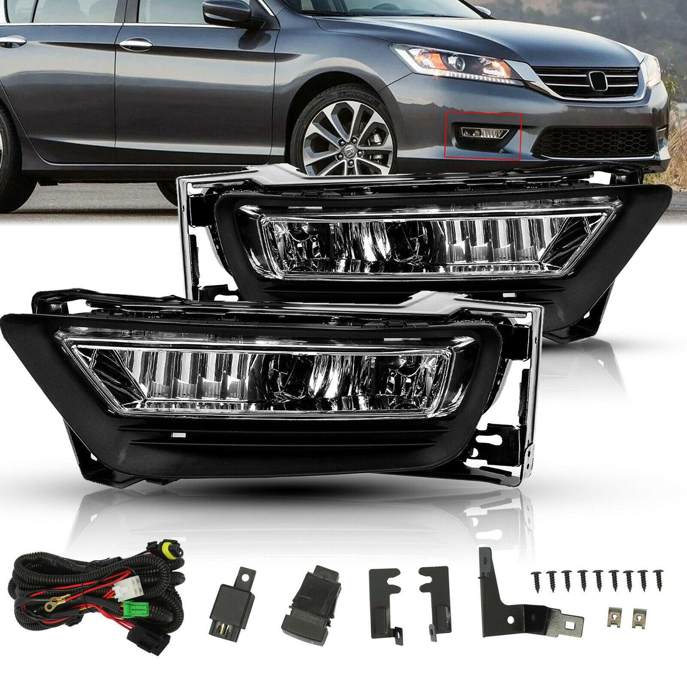 For 13 14 15 Honda Accord Sedan Clear Fog Lights Assembly W/ Switch Bulbs Bezels - Moto Life Products