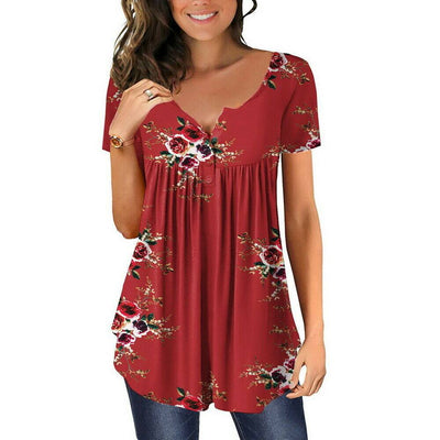 Women Boho V Neck Short Sleeve T-Shirt Ladies Floral Summer Casual Tunic Tops - Moto Life Products