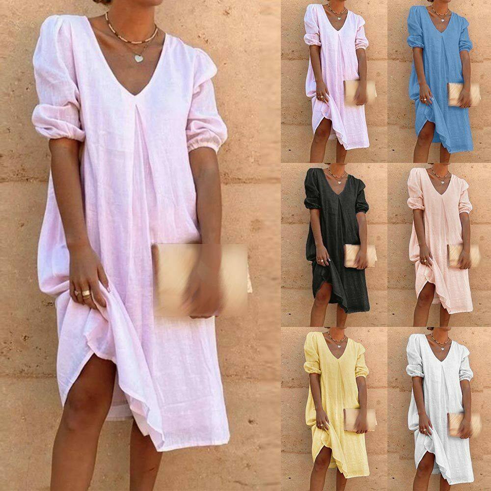 Women V Neck Cotton Linen Dress Lady Casual Loose Baggy Short Sleeve Midi Dress - Moto Life Products
