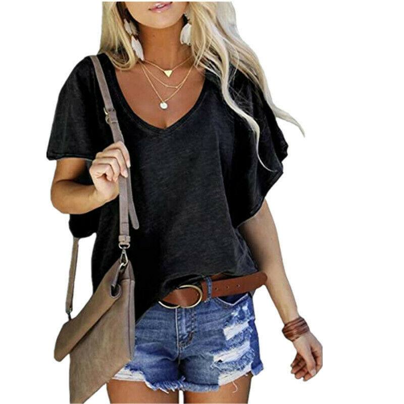 Women Oversized V-Neck T-Shirt Short Sleeve Blouse Loose Casual Tops Plus Size - Moto Life Products