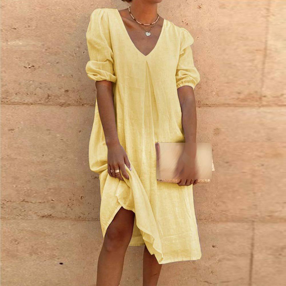 Women V Neck Cotton Linen Dress Lady Casual Loose Baggy Short Sleeve Midi Dress - Moto Life Products