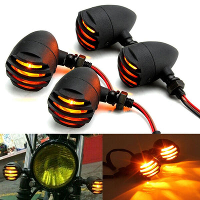 4X Black Motorcycle Turn Signal Mini Grill Bullet Blinker Amber Indicator Lights - Moto Life Products