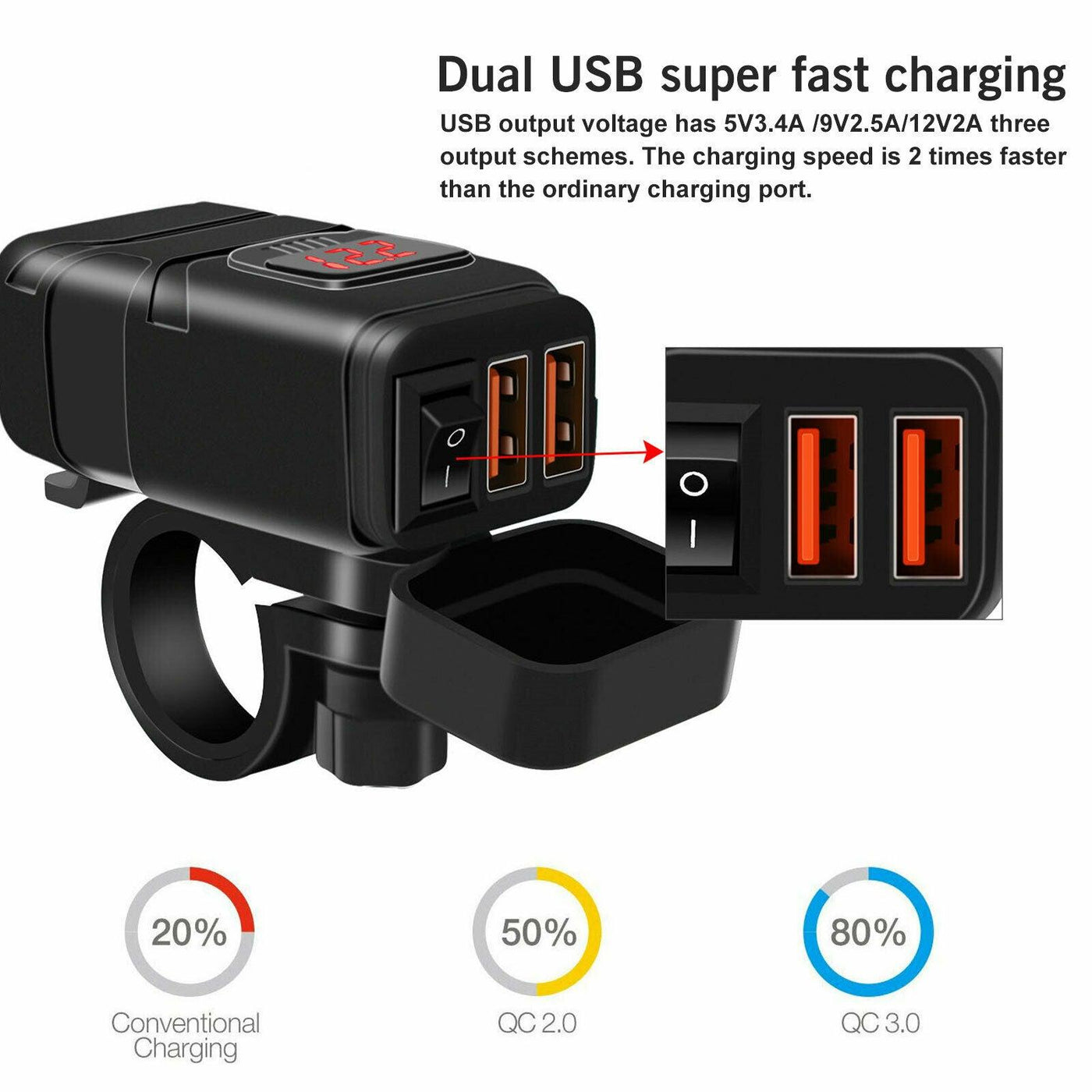 QC 3.0 Motorcycle Dual USB Phone GPS Quick Charger Adapter Red LED Waterproof - Moto Life Products