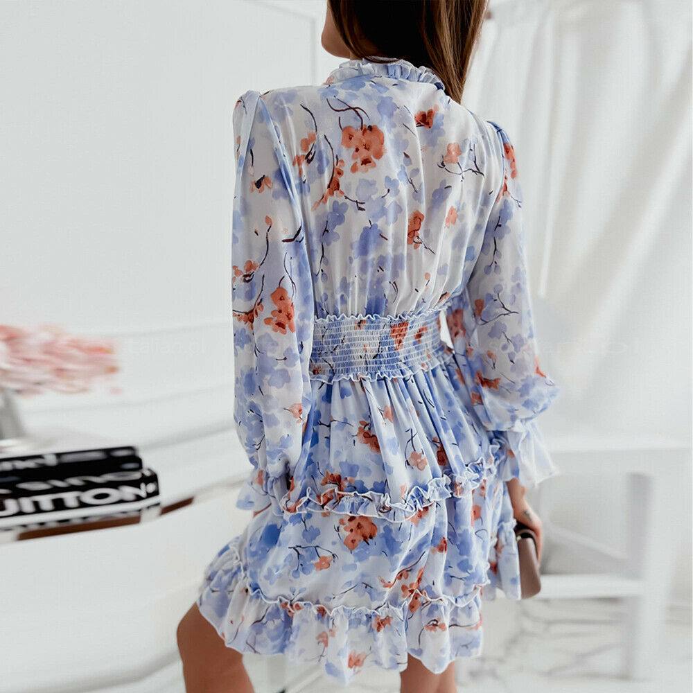 Womens Floral Print Ruffled Mini Dress Ladies V Neck Long Sleeve Sundress Summer - Moto Life Products