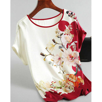 Summer Women Ladies Floral Short Sleeve O-Neck T Shirt Casual Blouse Loose Tops - Moto Life Products