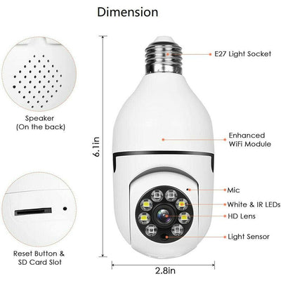 360° 1080P IP E27 Light Bulb Camera Wi-Fi IR Night Smart Home Wireless Security - Moto Life Products