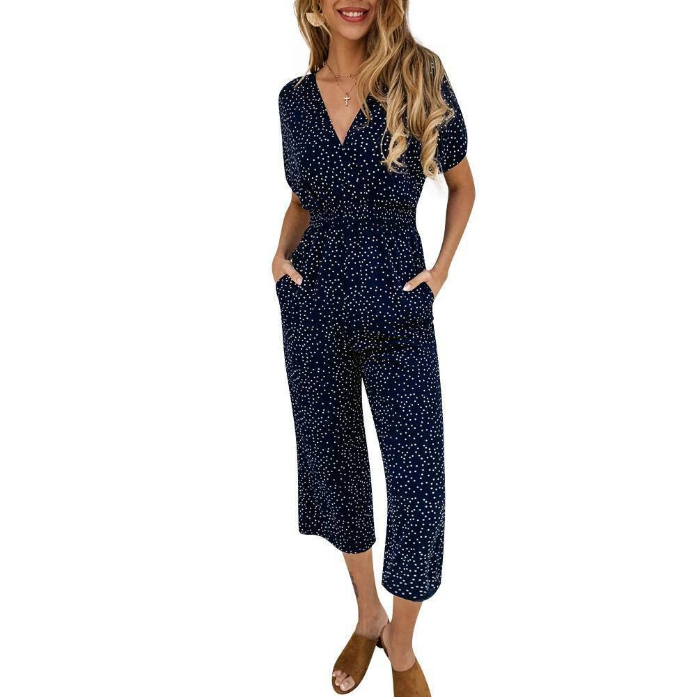 Women Polka Dot V Neck Short Sleeve Jumpsuit Summer Playsuit Romper Jumpsuit - Moto Life Products