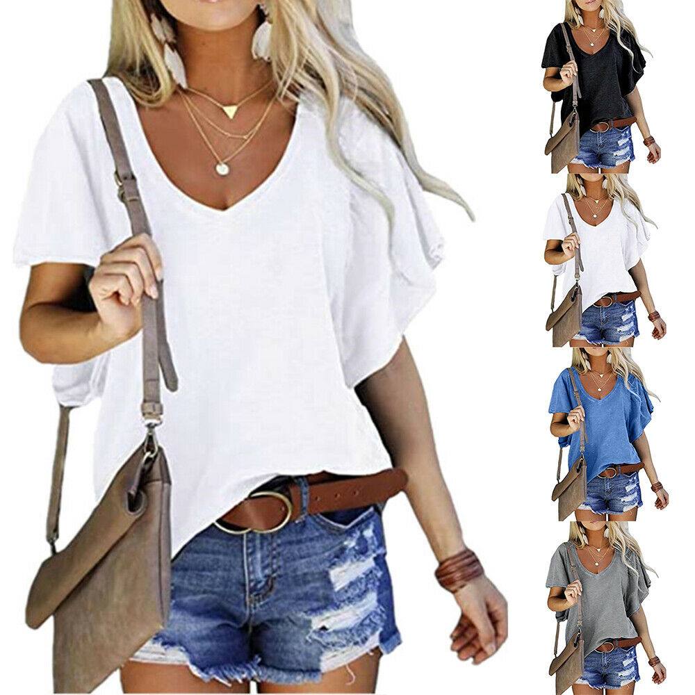 Women Oversized V-Neck T-Shirt Short Sleeve Blouse Loose Casual Tops Plus Size - Moto Life Products