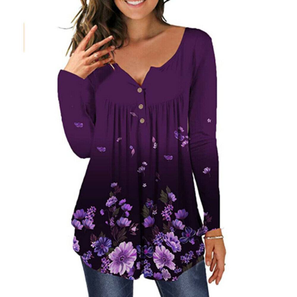 Women Boho Floral Long Sleeve T Shirt Blouse Button V Neck Loose Tunic Tops Tee - Moto Life Products