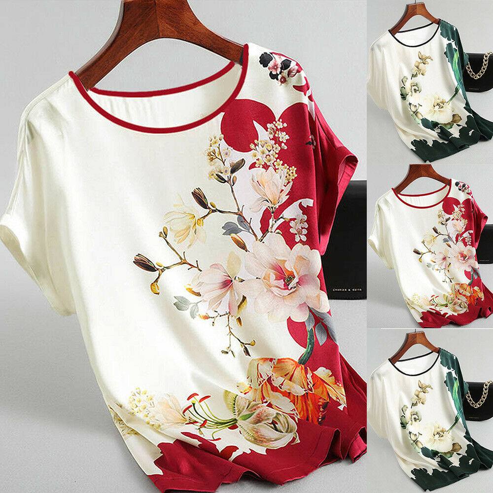 Summer Women Ladies Floral Short Sleeve O-Neck T Shirt Casual Blouse Loose Tops - Moto Life Products