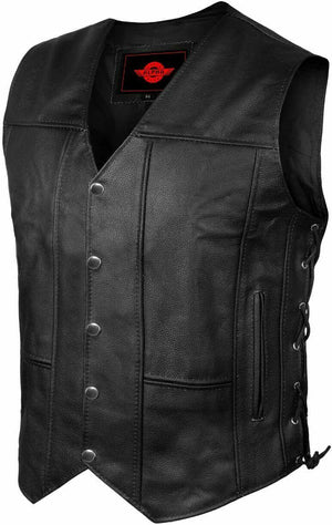 Mens Genuine Leather 10 Pockets Motorcycle Biker Vest ANARCHY Black SOA Riding - Moto Life Products