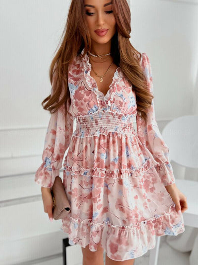 Womens Floral Print Ruffled Mini Dress Ladies V Neck Long Sleeve Sundress Summer - Moto Life Products